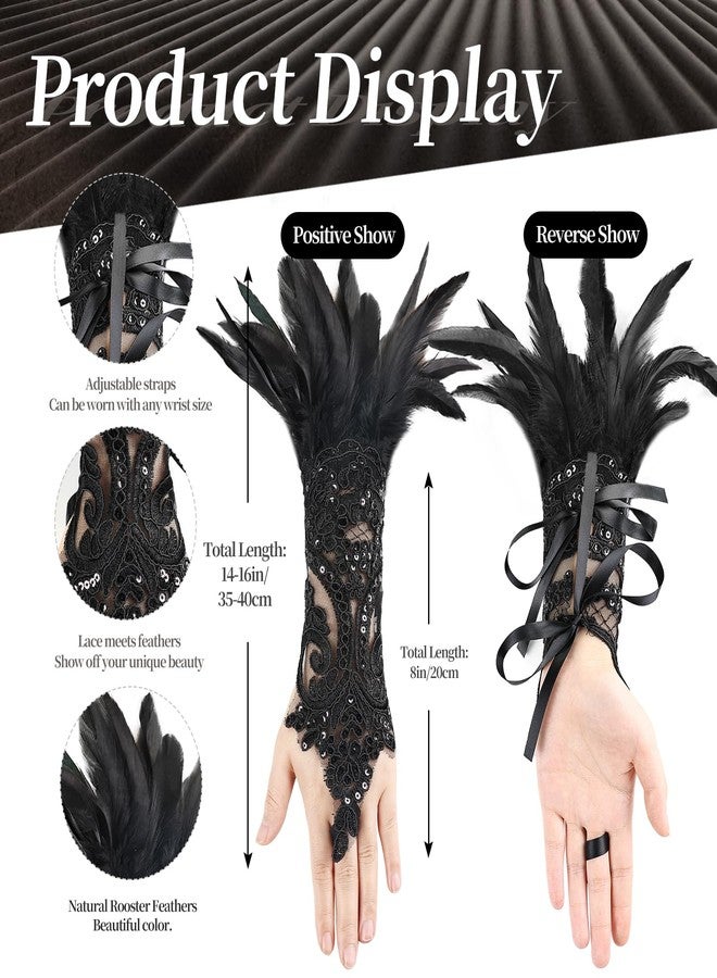 MAOFENG Women's Gothic Lace Feather Gloves Witch Angel Costume Accessories Swan Wings Wrist Bands Lace Fingerless Gloves,Black - Image 3